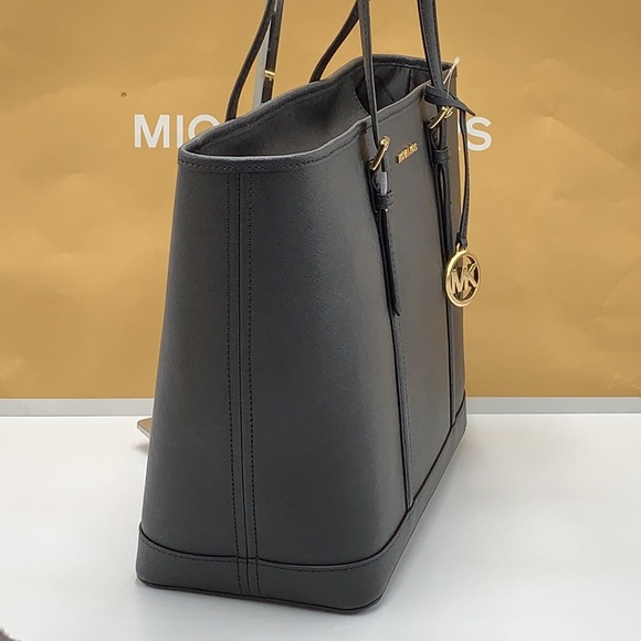 MICHAEL KORS BLACK COLOR JET SET TRAVEL LARGE SAFFIANO LEATHER TOTE BAG - Picture 12 of 13